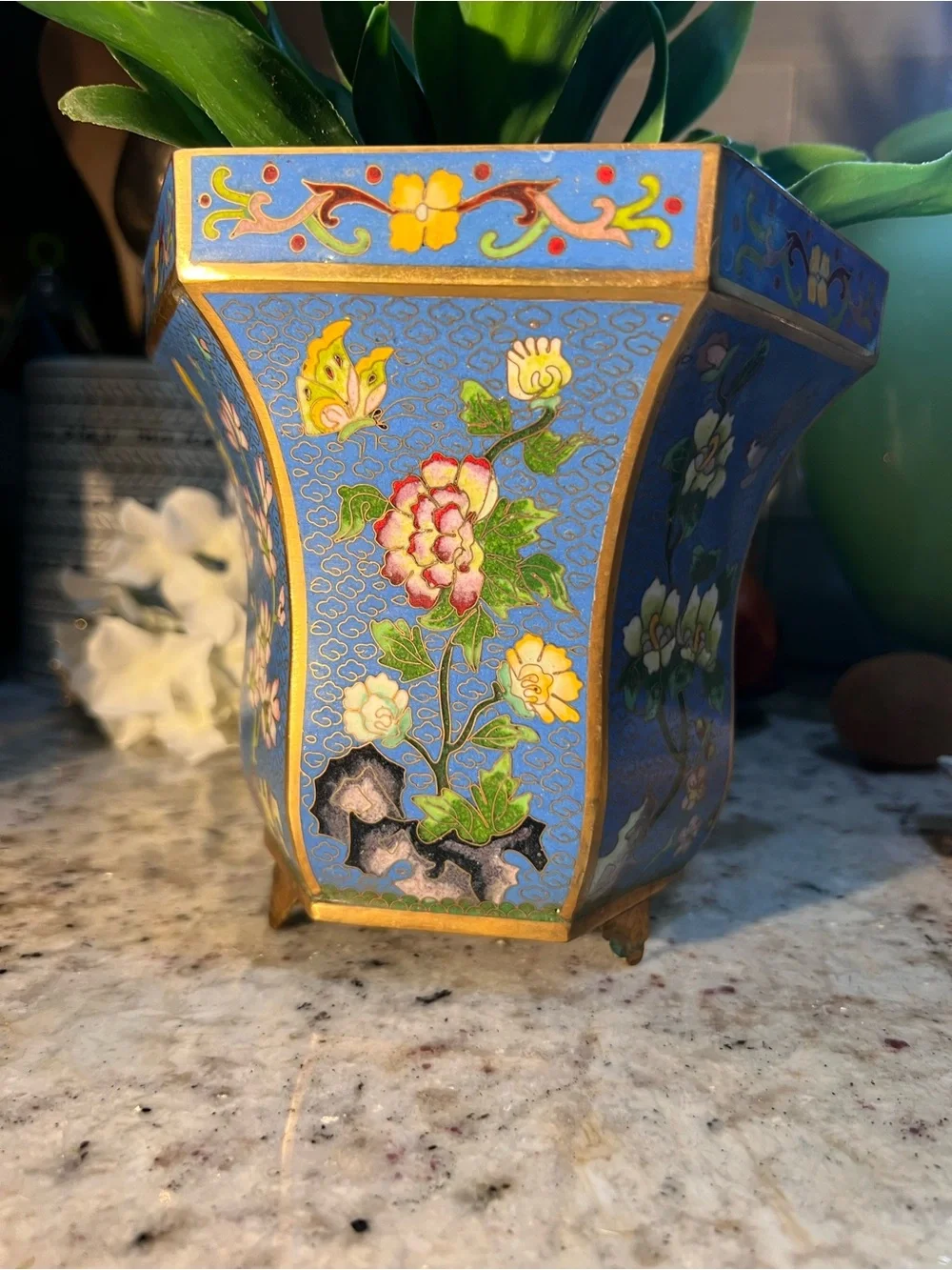 Blue Floral Cloisonné Decorative Planter read below